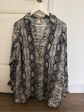 H&M Black and Cream Snake-Print Button-Up Blouse